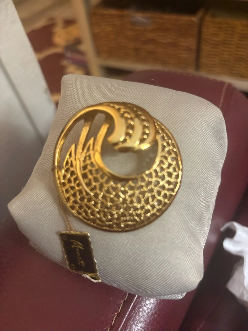 Gold Filigree Monet Crescent Brooch -